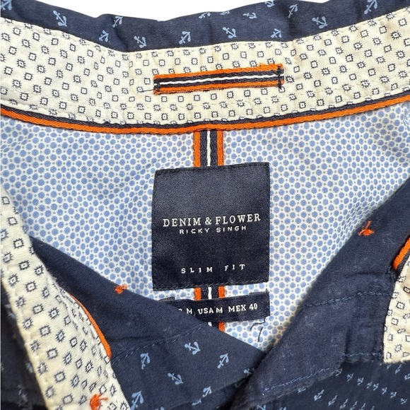 Denim & Flower Button Up Shirt Men's M Slim Fit Blue with Blue Anchor Pattern - Picture 6 of 8